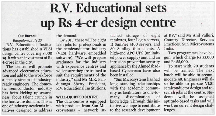 4 cr rupees VLSI and Embedded training center in Bangalore set up by RV-VLSI design center